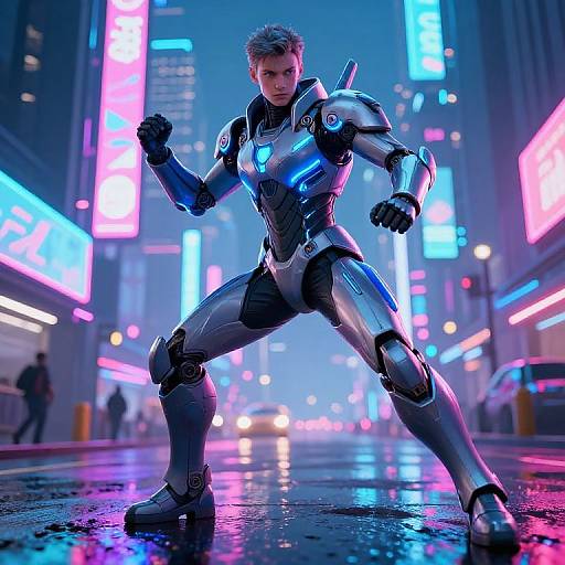 Futuristic Cybernetic Warrior in Neon City