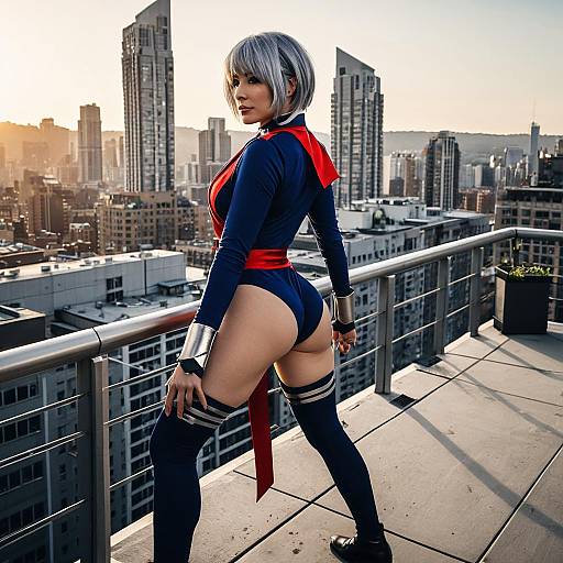 Woman in Blue and Red Cosplay Bodysuit on Rooftop