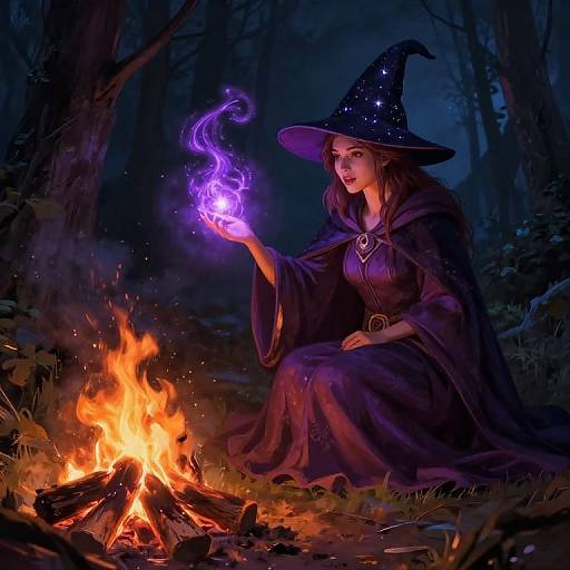 Digital fantasy artwork of a witch with glowing purple magic, wearing a starry hat and dark cloak, kneeling by a bright campfire in a dark forest