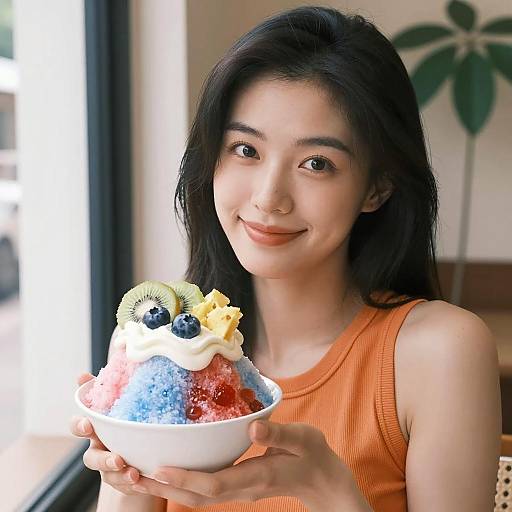 Asian Woman Holding Colorful Shaved Ice Dessert