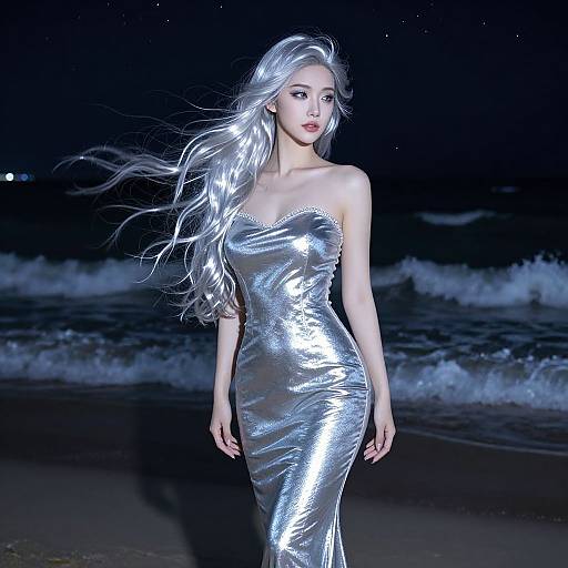 Silver Siren on Moonlit Beach