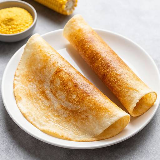 Photograph of two golden-brown, rolled breads on a white plate with a small bowl of yellow spice mix in the background.