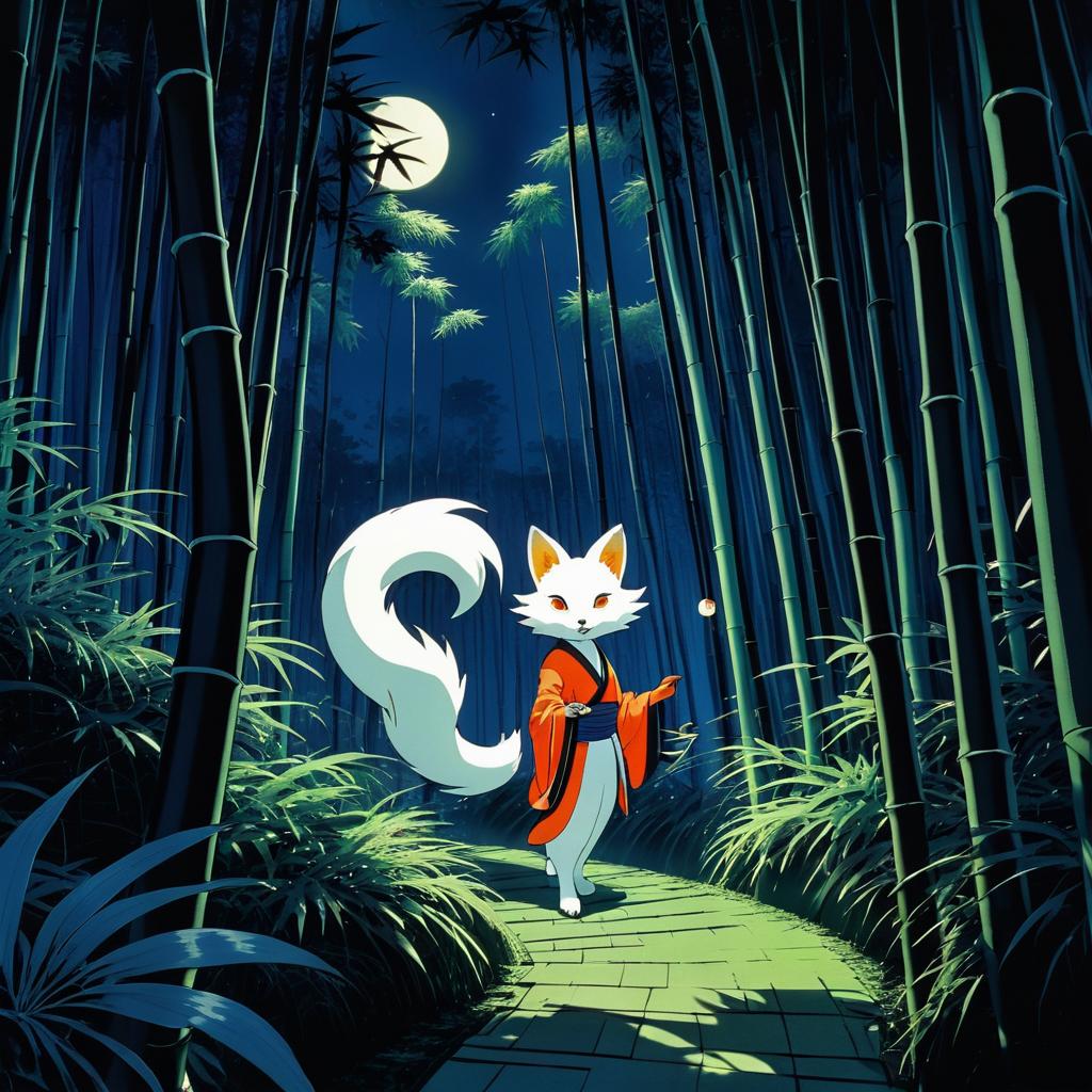 Mischievous Kitsune in Moonlit Bamboo