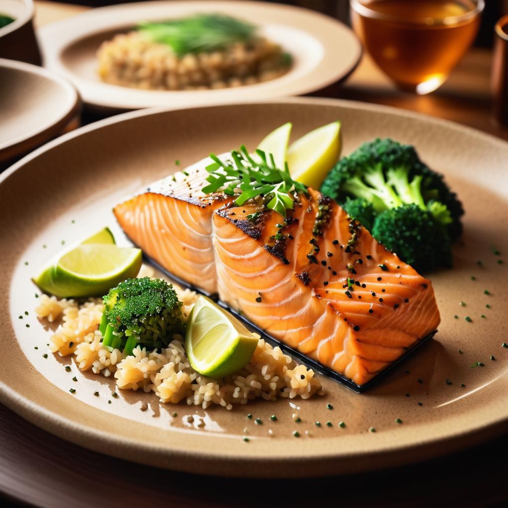 Cozy Restaurant Scene with Grilled Salmon