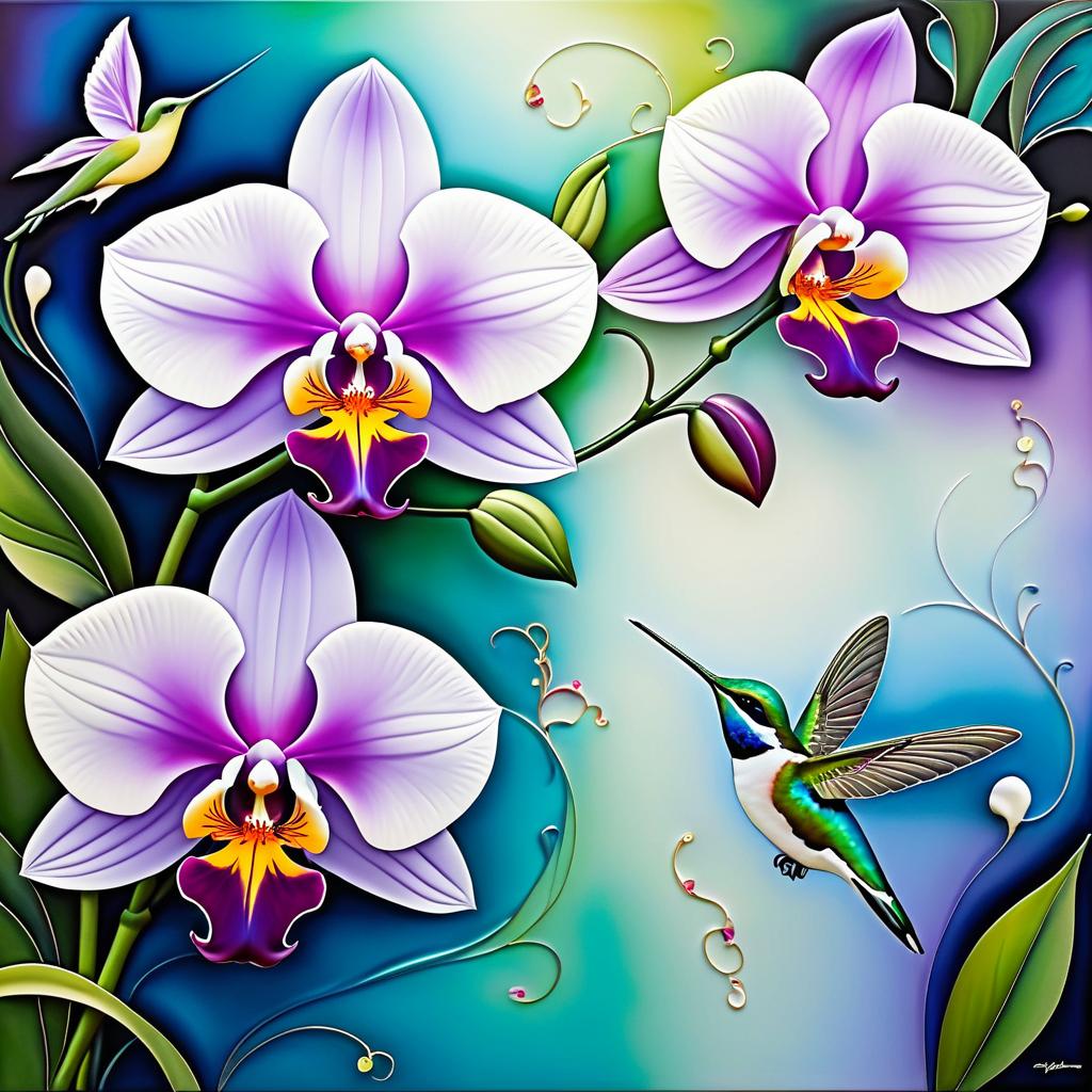 Vibrant Orchid Symphony with Hummingbird