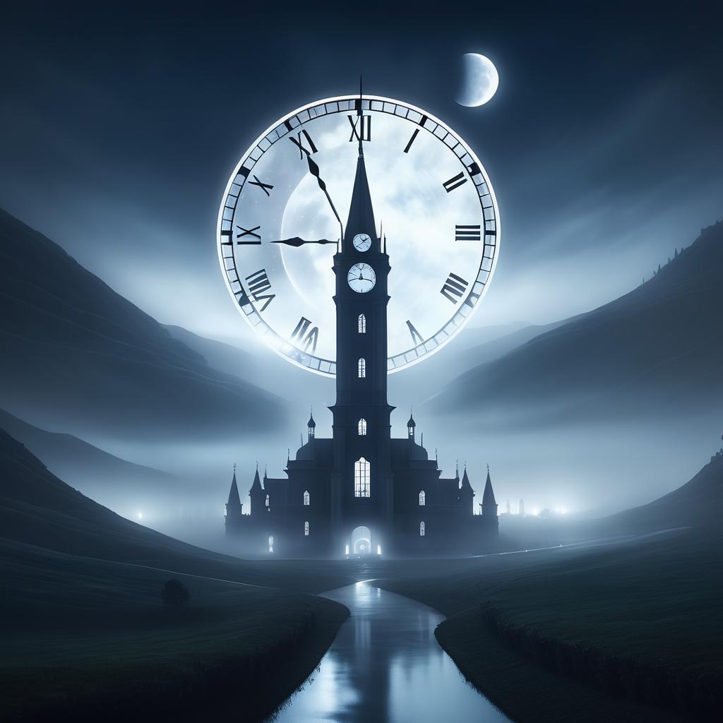 Surreal Giant Clock Tower Under Moonlight