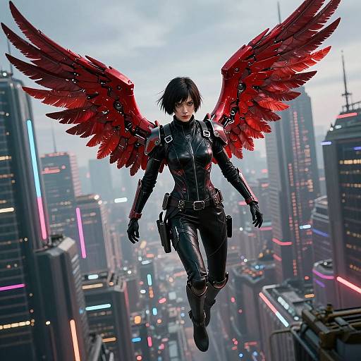 Digital artwork of a black-haired, winged woman in a black leather suit, flying over a neon-lit, futuristic cityscape.