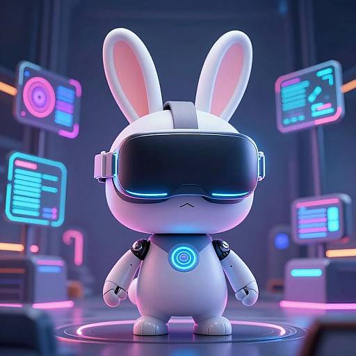 CGI image of a white, robotic bunny with glowing blue eyes and neon screens in a futuristic, neon-lit room.