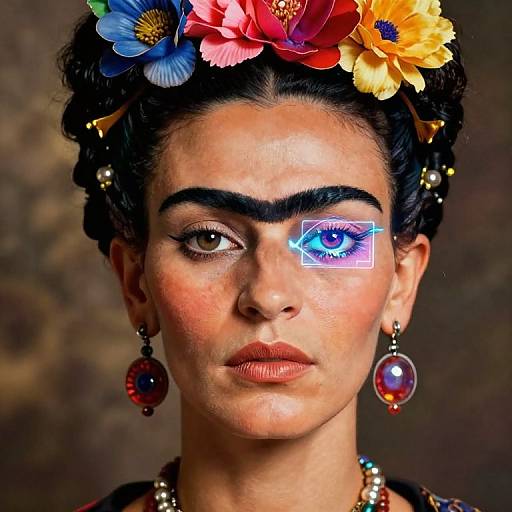 Digital portrait of Frida Kahlo with colorful floral headpiece, dark braided hair, one eye replaced with glowing blue eye graphic, wearing red earrings