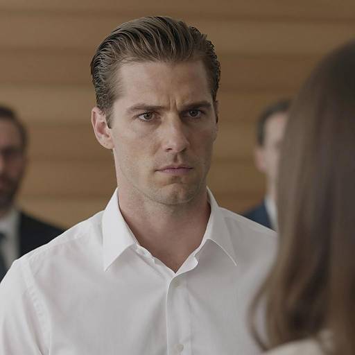 Serious man in white shirt with slicked-back hair