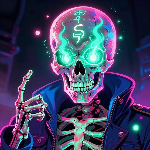Neon-lit, glowing skeleton with turquoise eyes, Asian symbols on skull, wearing dark blue jacket, finger pointing, vibrant cyberpunk digital art.