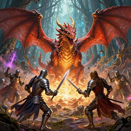 Epic fantasy battle: armored knights with swords duel a massive, fiery-red dragon in a forest, surrounded by enchanted warriors wielding glowing weapons.