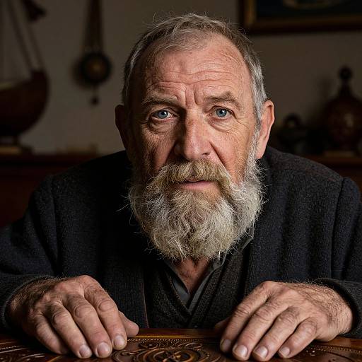 Photograph of an elderly man with a white beard and blue eyes, wearing a black robe, leaning forward with hands on a wooden table in a dim