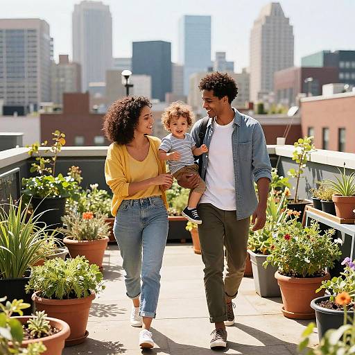Sunlit Rooftop Family Garden Moment