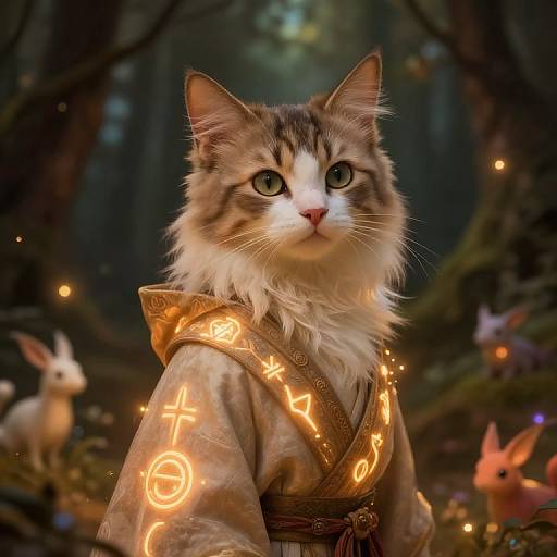 Digital artwork of a fluffy, green-eyed cat with glowing runes on a brown, enchanted robe, surrounded by magical forest creatures and glowing fireflies.