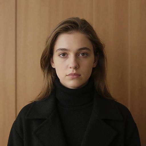 Serious young woman in black turtleneck