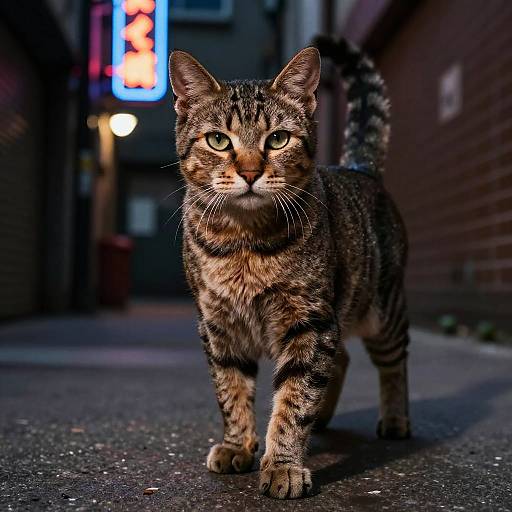 Photograph of a focused, striped tabby cat walking down a dimly lit, urban alley at night, with a neon sign glowing in the background