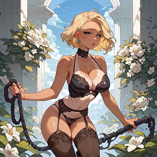 Blonde Woman in Black Lingerie Holding Whip