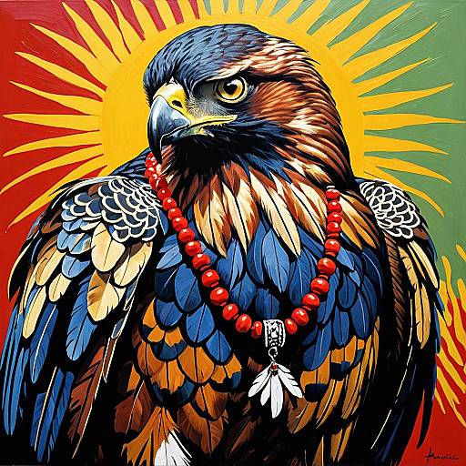 Photorealistic Hawk with Scarlet Bead Necklace