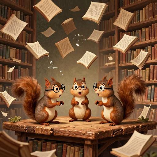 Digital illustration of three anthropomorphic, bespectacled squirrels on a wooden table in a library, surrounded by flying books.