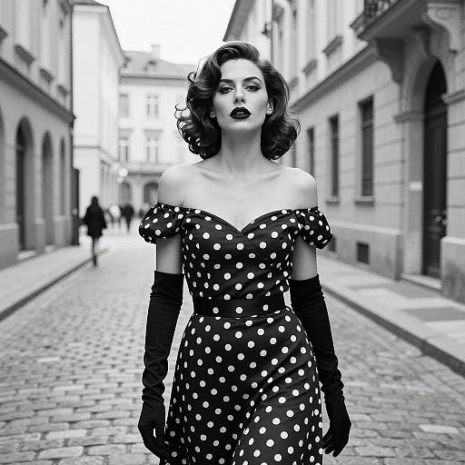 Black-and-white photograph of a 1940s-inspired woman with dark wavy hair, wearing a polka dot off-shoulder dress, black