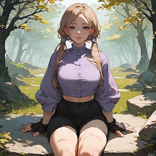 Anime Girl with Blue Eyes Sitting in Forest