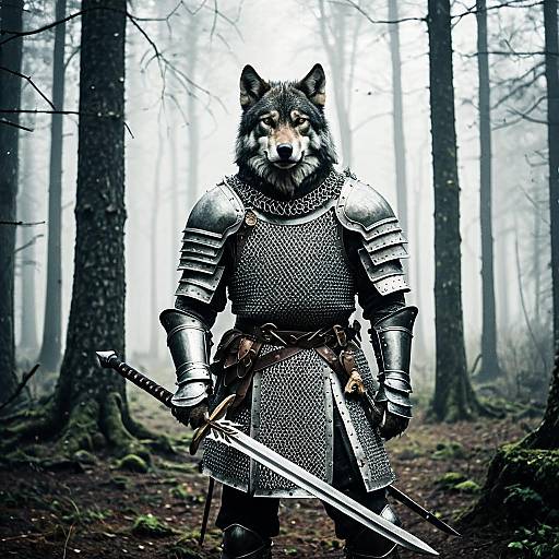 Medieval Wolf Knight in Misty Forest
