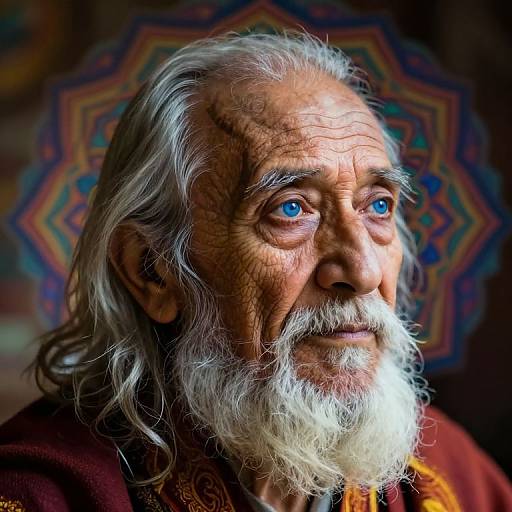 Photograph of an elderly man with deep wrinkles, white beard, and blue eyes, wearing a maroon robe, against a colorful, patterned background