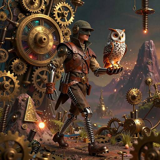Steampunk soldier in detailed armor holds glowing owl, surrounded by large gears and machinery, against a mountainous, twilight sky backdrop.