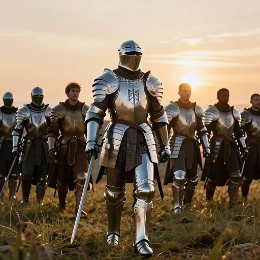 Photograph of a group of medieval knights in silver armor, with one knight in the foreground holding a sword, walking in a grassy field at sunset