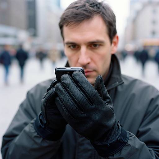 Man Wearing Black Touchscreen Gloves