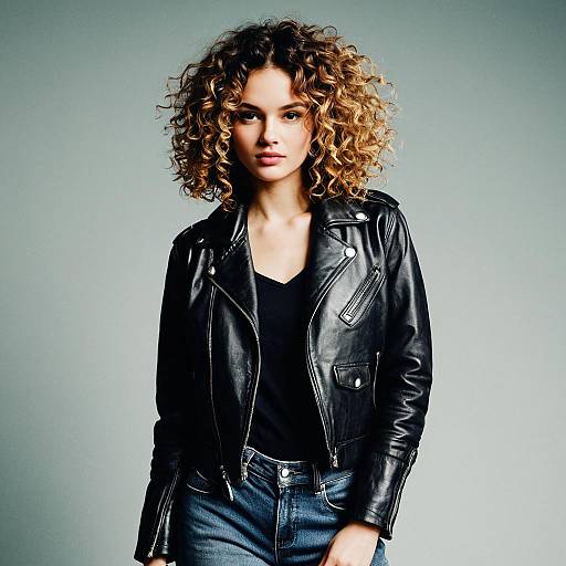 Fashion Model with Layered Curls and Leather Jacket
