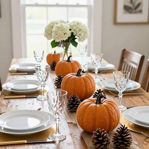 Photograph of a rustic wooden dining table with orange pumpkins, pinecones, white plates, crystal glasses, and a bouquet of white flowers in