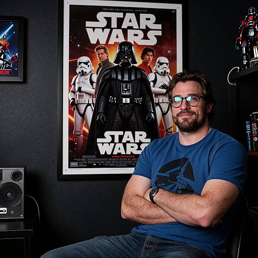Photograph of bearded man in blue shirt, glasses, seated, arms crossed, Star Wars poster behind, dark room, speakers on left.