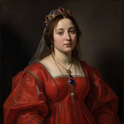 Baroque-style portrait of a fair-skinned woman with brown hair, wearing a red dress, jeweled crown, and necklace, against a dark background