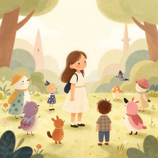 Whimsical digital illustration of a brown-haired girl in a white dress surrounded by colorful, cartoon animals in a sunlit forest.