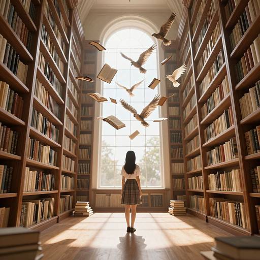 Digital art: Young woman in plaid dress, black hair, stands in sunlit library aisle, surrounded by flying books and birds.