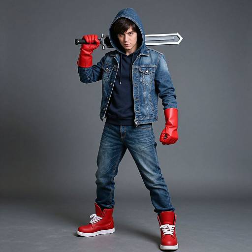 Photograph of a young boy in blue denim jacket, hoodie, jeans, red gloves, and boots, holding a sword over his shoulder. Gray background