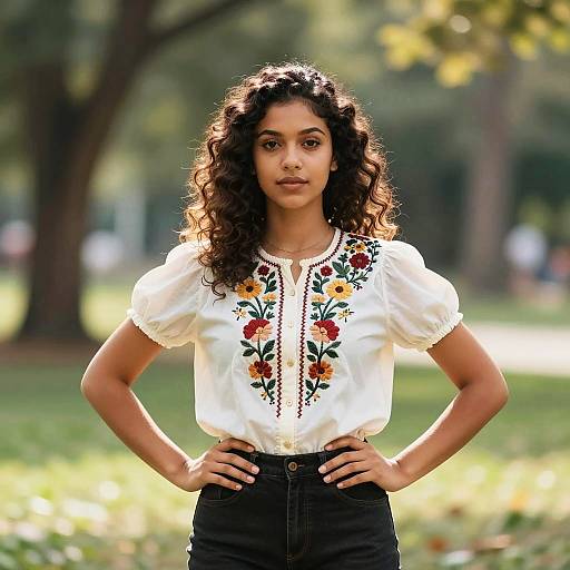 Confident Young Woman in Floral Embroidered Blouse