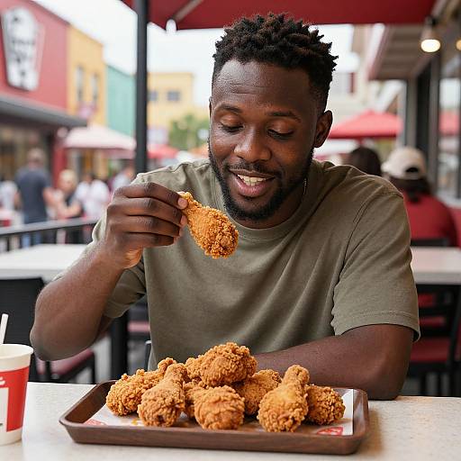 Photograph of a smiling, dark-skinned man with short curly hair, wearing a green t-shirt, eating crispy fried chicken nuggets at an outdoor