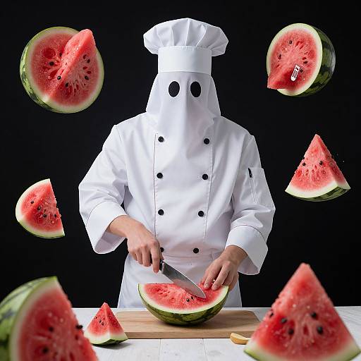 Photograph of a faceless chef in a white uniform and hat slicing watermelon slices, with floating watermelon halves against a black background.