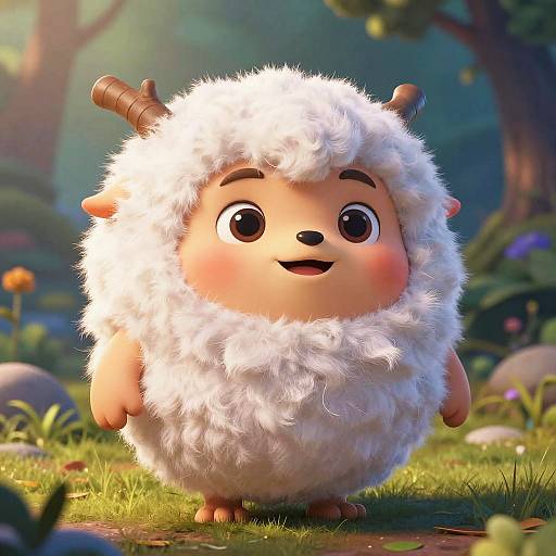 Cute, fluffy cartoon sheep with small horns, large eyes, and rosy cheeks stands in a sunny, colorful forest meadow. Digital CGI art