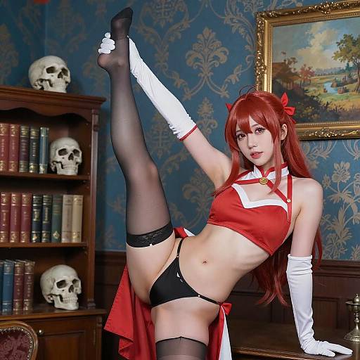 Red-Haired Cosplayer High Leg Stretch
