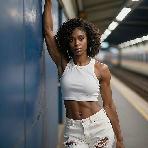 Confident Muscular Woman in Train Station