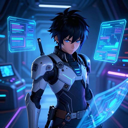 Digital anime artwork of a black-haired, blue-eyed male cyborg with glowing neon interfaces floating around him, standing in a futuristic, blue-lit corridor
