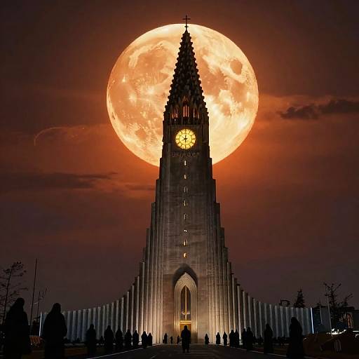 Colossal Clock Tower Under Fiery Moon