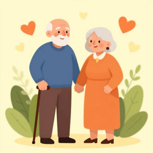 Cartoon illustration of an elderly couple holding hands, the man with a white beard, blue sweater, and cane, the woman with white hair, orange