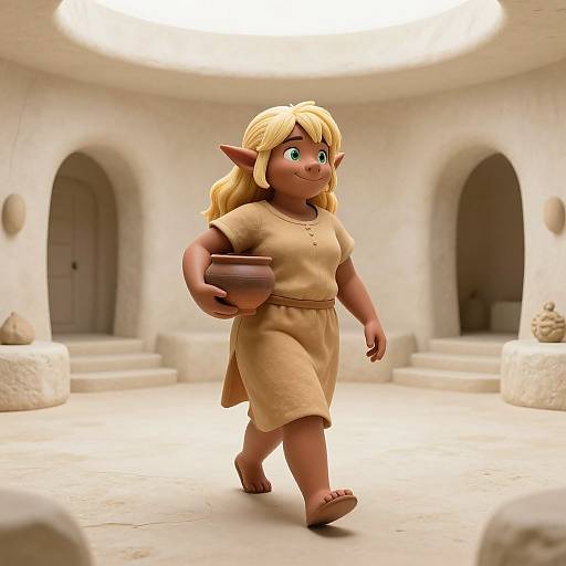 CGI image of a smiling, blonde, elf-like girl with large ears, wearing a beige tunic, holding a bowl, walking in a white