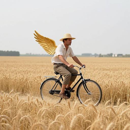 Photograph of a man in a straw hat and white shirt, riding a black bicycle through a golden wheat field with yellow angel wings.