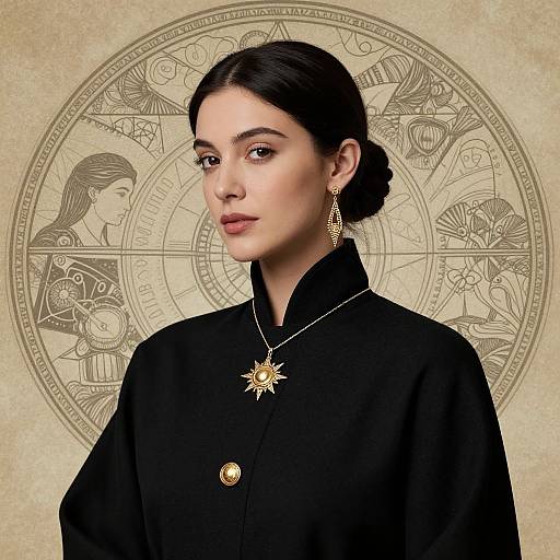 Photograph of a fair-skinned woman with dark hair in a bun, wearing a black robe, gold sun necklace, and long earrings, against a